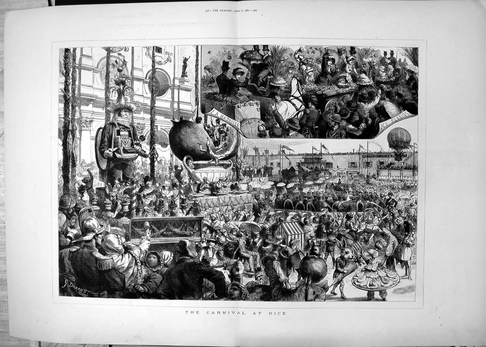 Antique Old Print Carnival Nice Fancy Dress Dancing La Bataille G Durand 1881