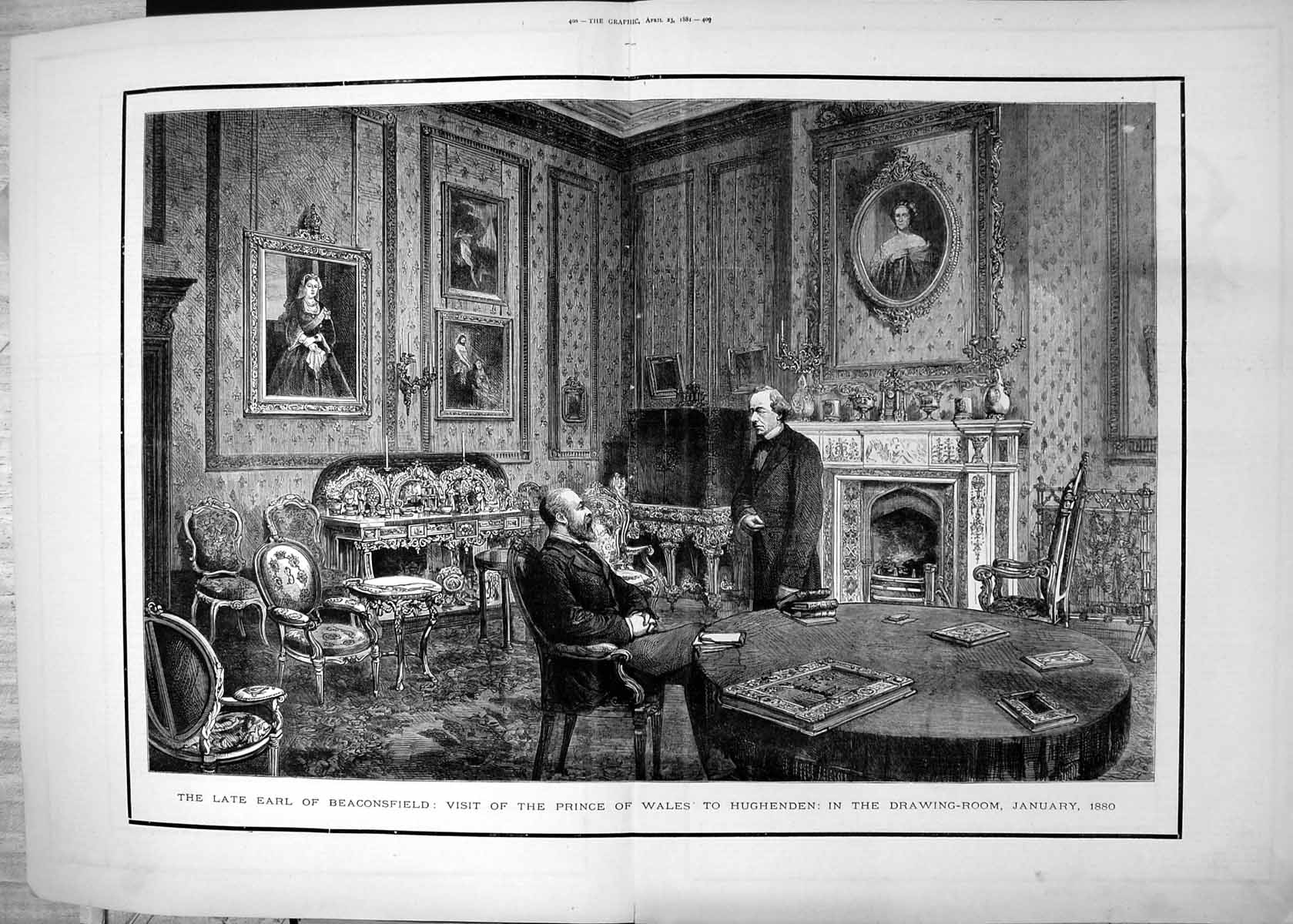 Antique Old Print Late Earl Beaconsfield Visit Prince Wales Hughenden 1881 19th