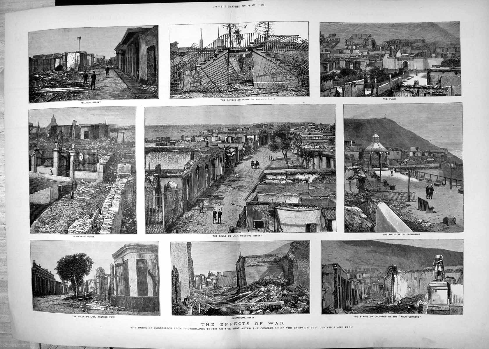 Antique Old Print Effects War Ruins Chorrillos After Campaign Chili Peru 1881