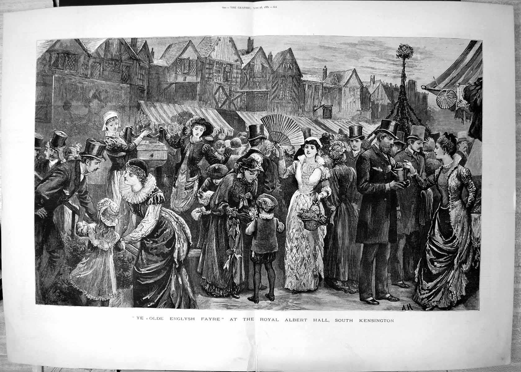 Antique Old Print Ye e Englysh Fayre Royal Albert Hall South Kensington 1881