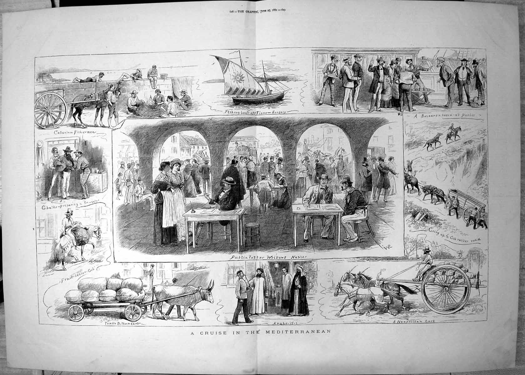 Old Print Cruise Mediterranean Neopolitan Cart Letter Writers Naples 1881 19th