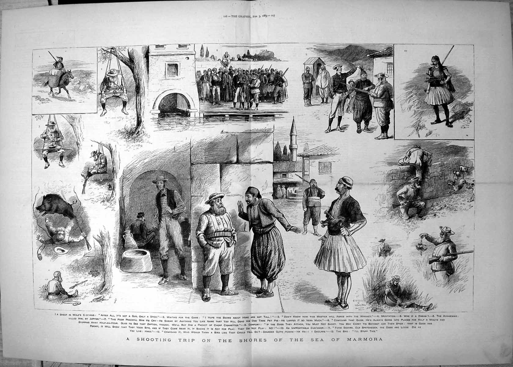 Old Antique Print Shooting Trip Shores Sea Marmora Guide Boars Dogs 1883 19th