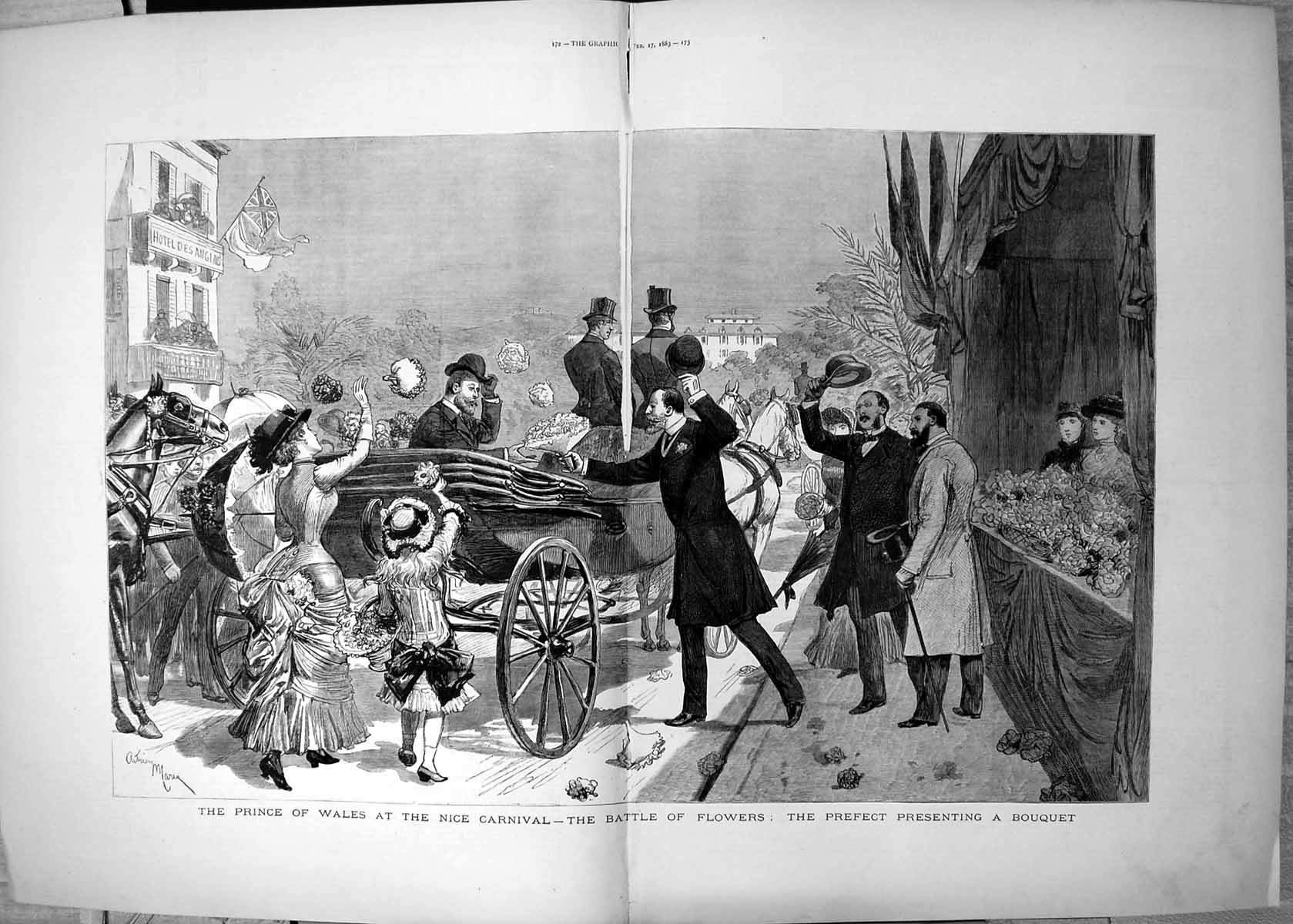 Old Print Prince Wales Nice Carnival Battle Flowers Bouquet 1883 Damaged 19th