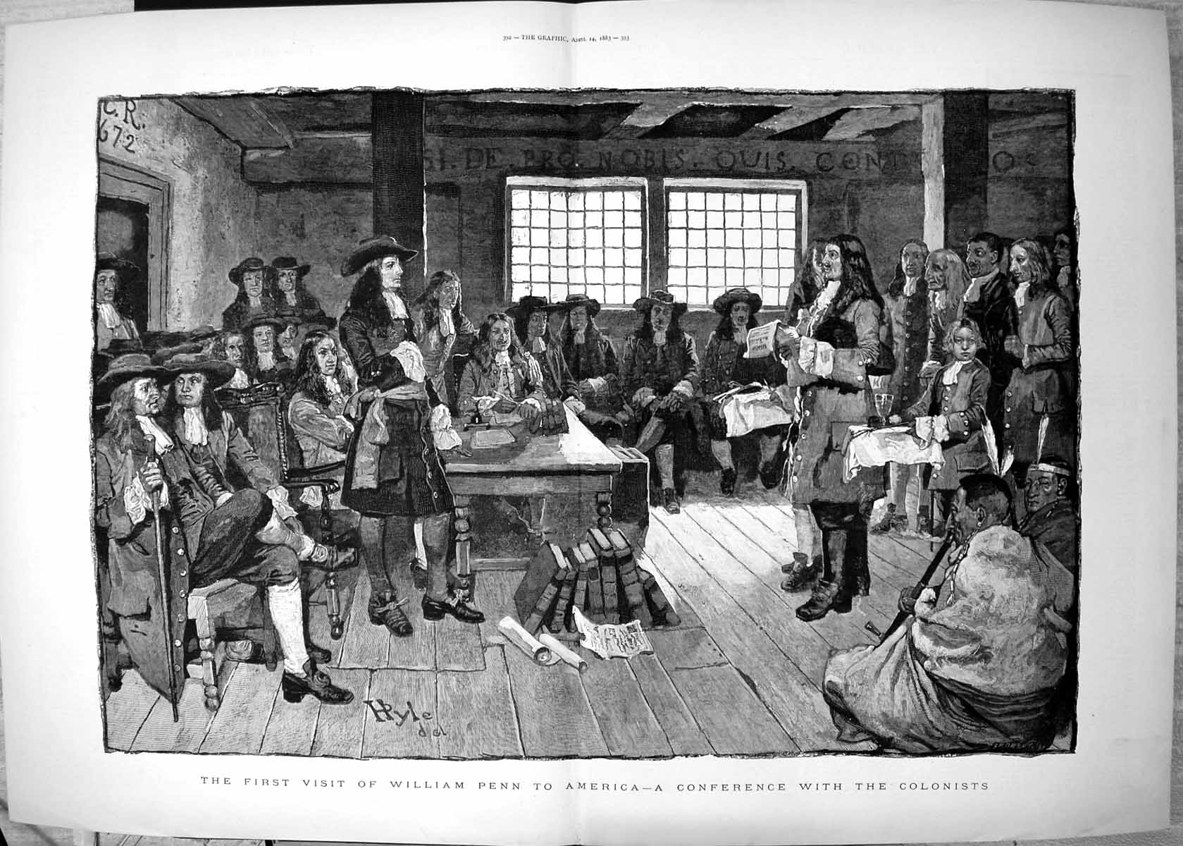 Antique Old Print First Visit William Penn America Conference Colonists 1883
