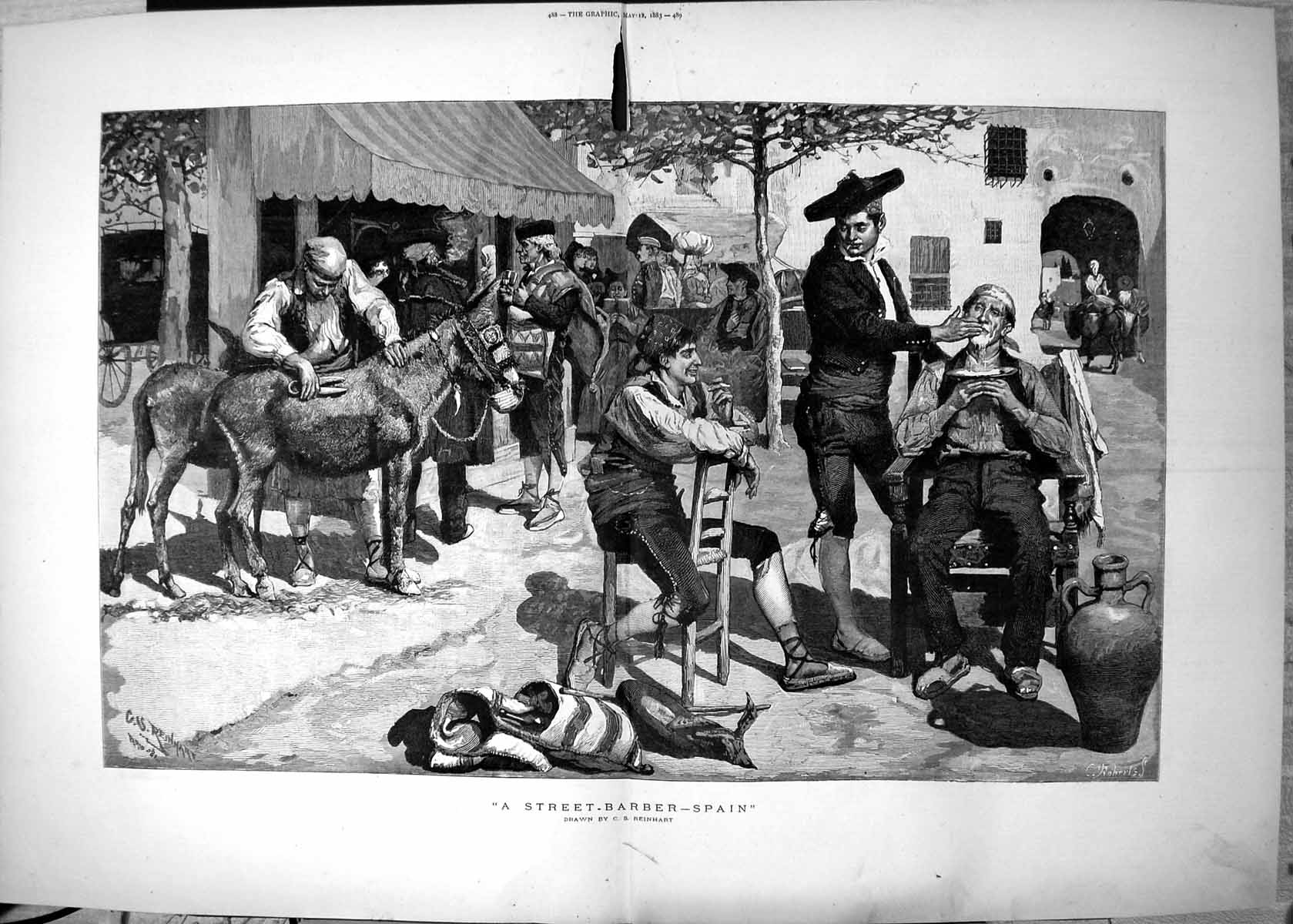 Old Street Barber Spain C S Reinhart Washing Man Clipping Donkey 1883 Victorian