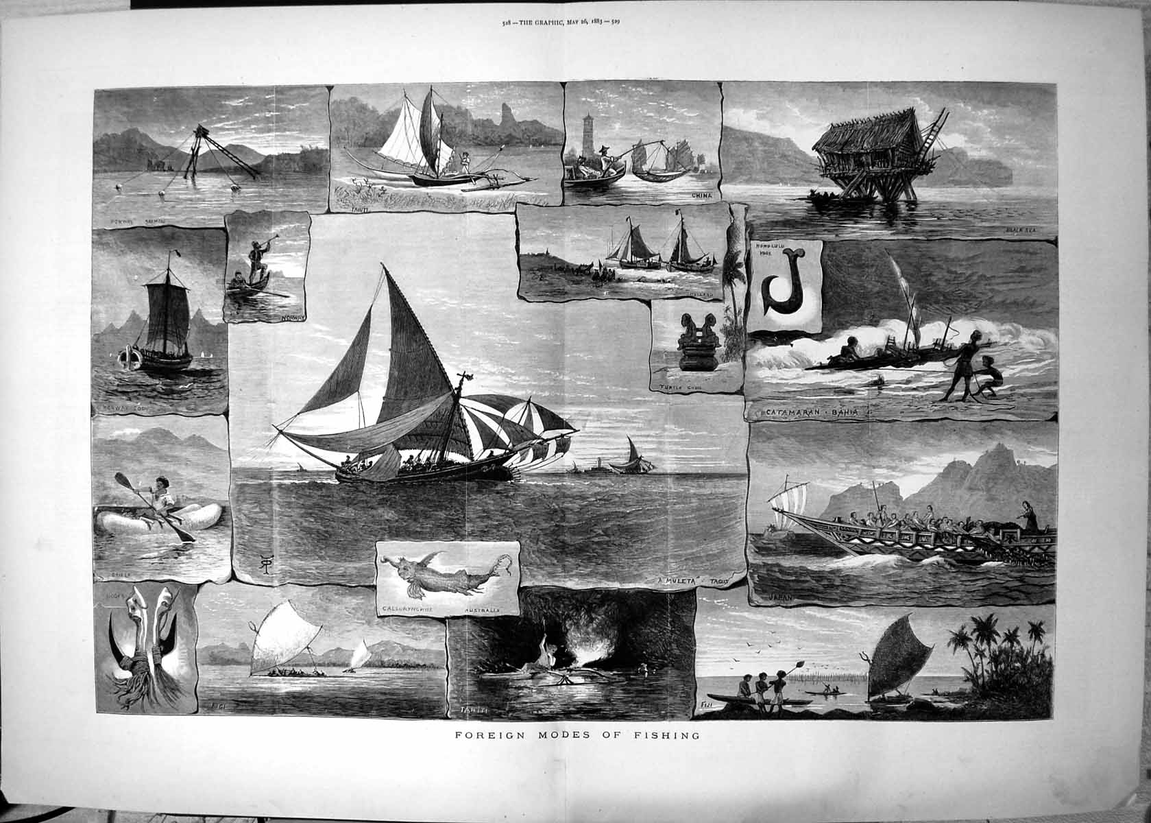 Antique Print Foreign Modes Fishing Muleta Tagus Catamaran Bahia Fiji 1883 19th