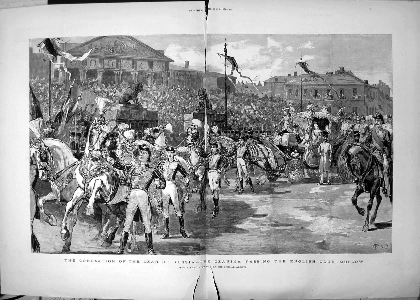 Old Print Coronation Czar Russia Czarina Passing English Club Moscow 1883 19th