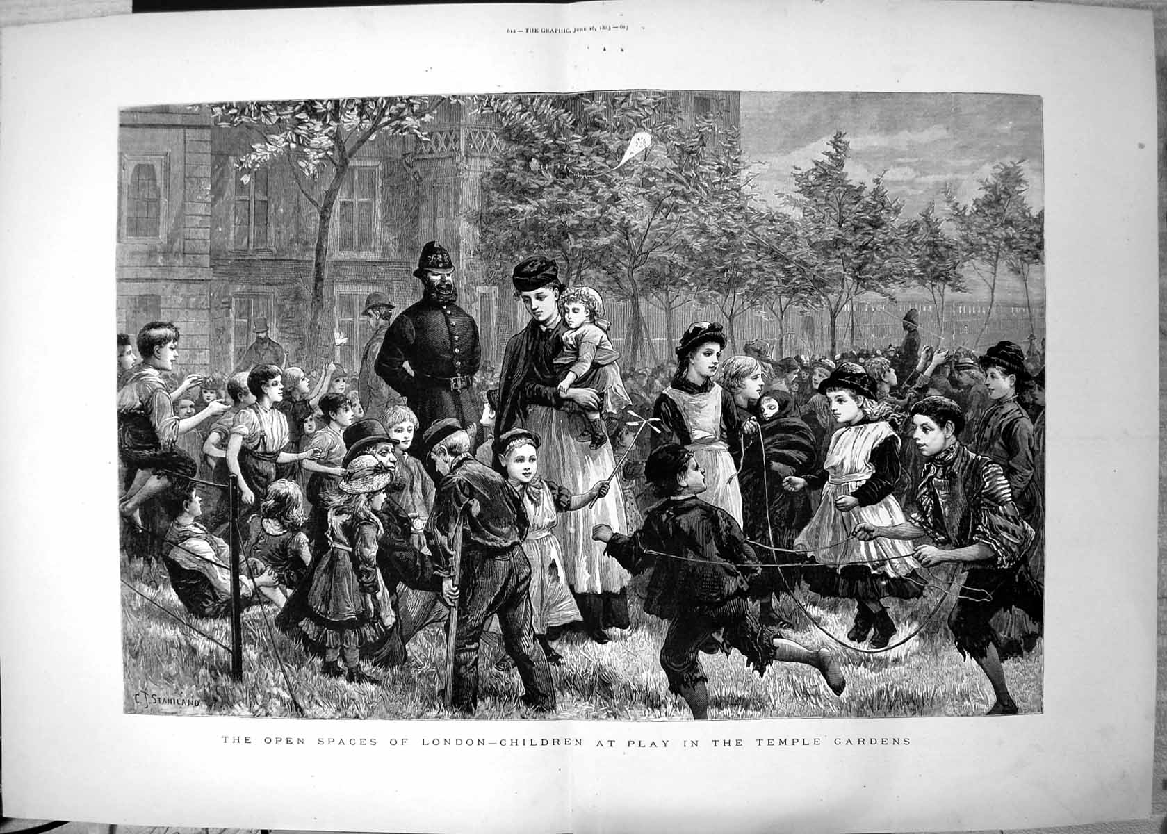 Old Antique Print Open Spaces London Children At Play Temple Gardens 1883 19th
