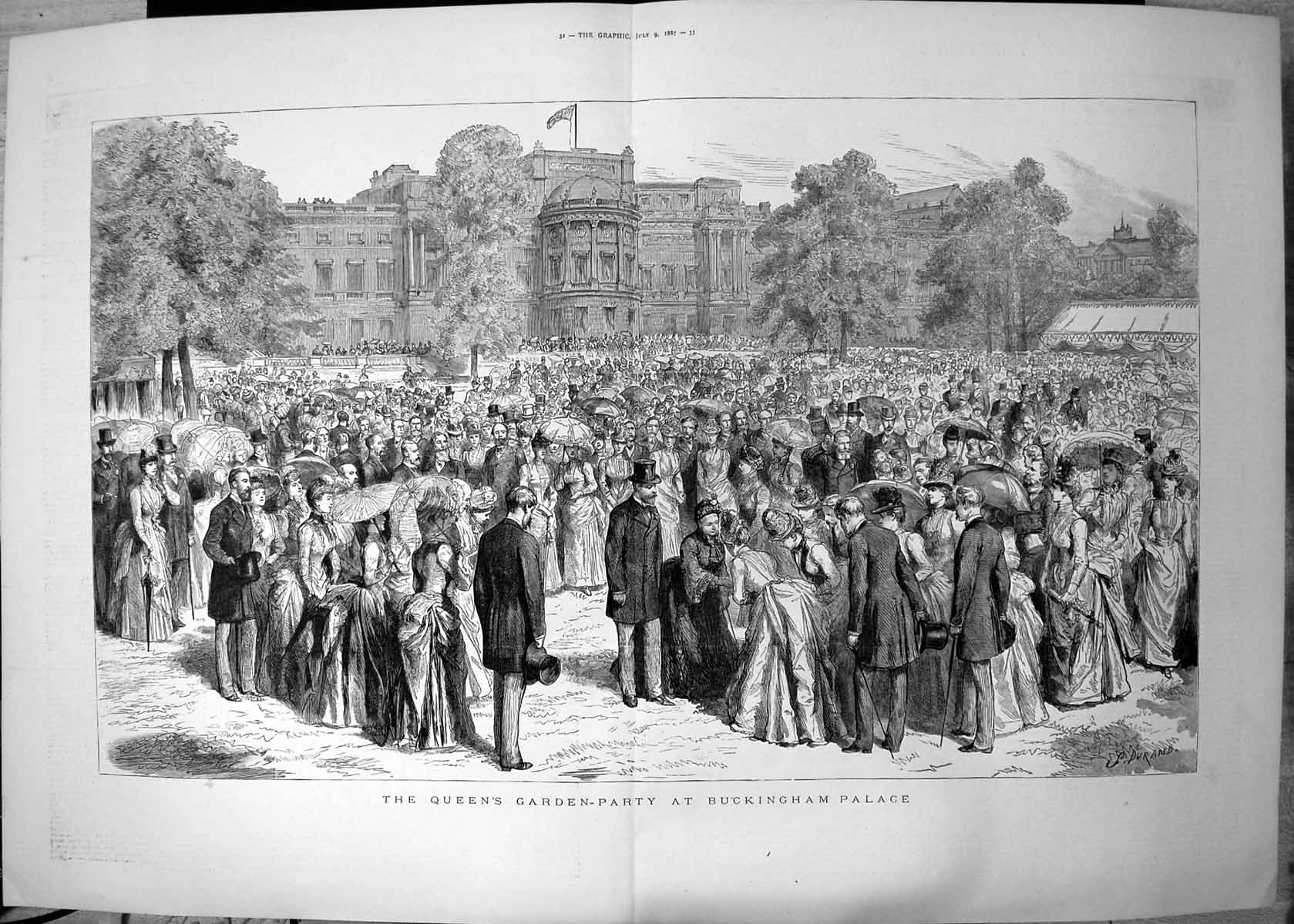 Original Old Antique Print Queens Garden Party Buckingham Palace 1887 Victorian