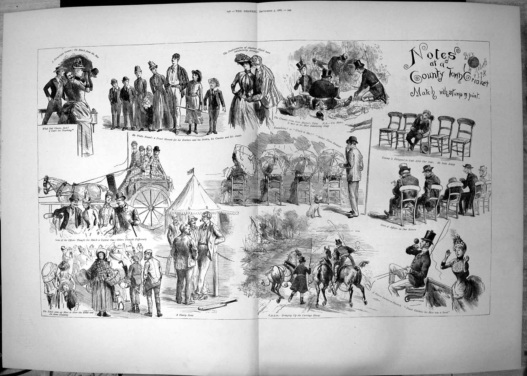 Original Old Antique Print Notes County Town Cricket Match Stump Paint 1887