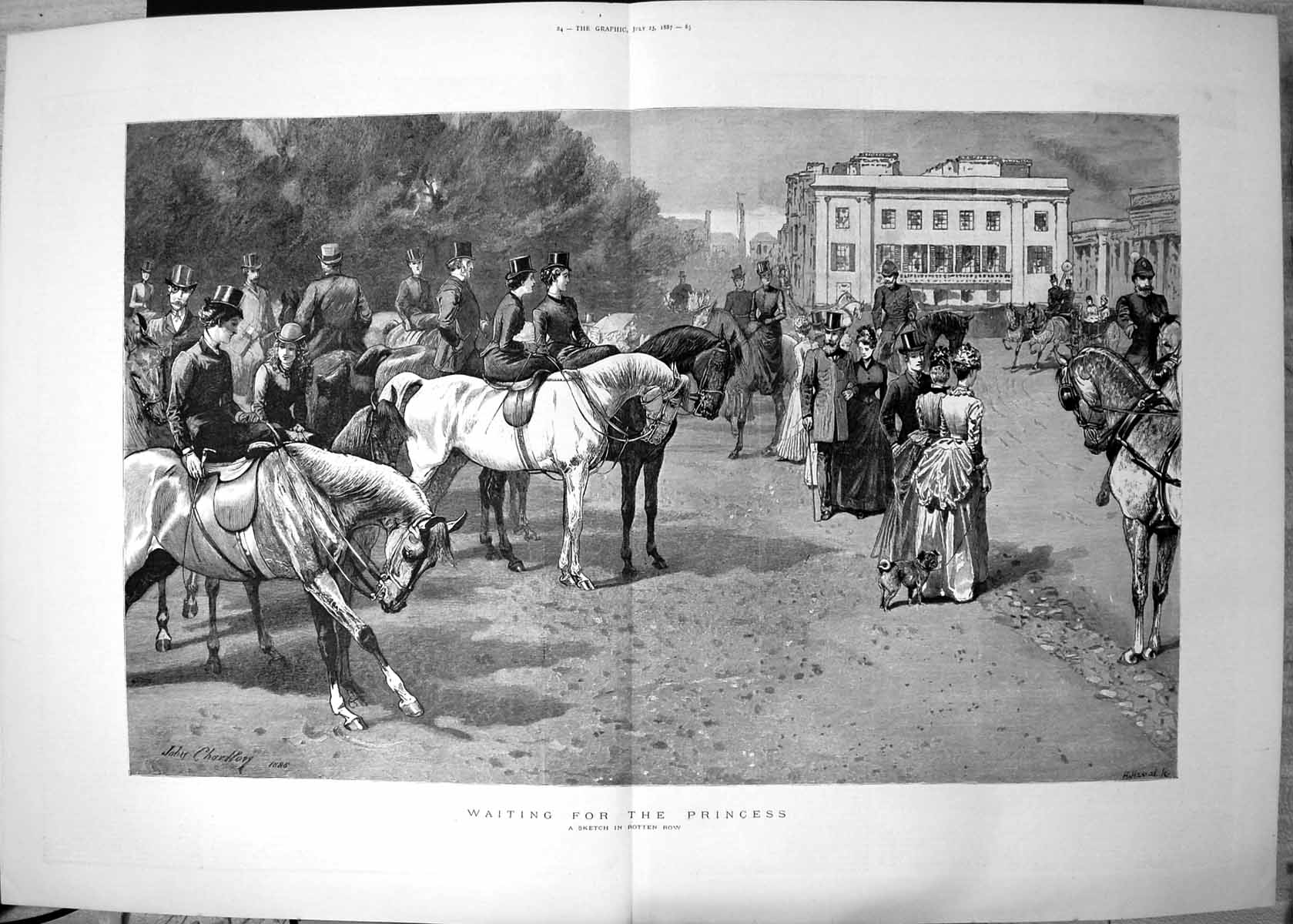 Original Old Antique Print Waiting For Princess Sketch Rotten Row 1887 19th