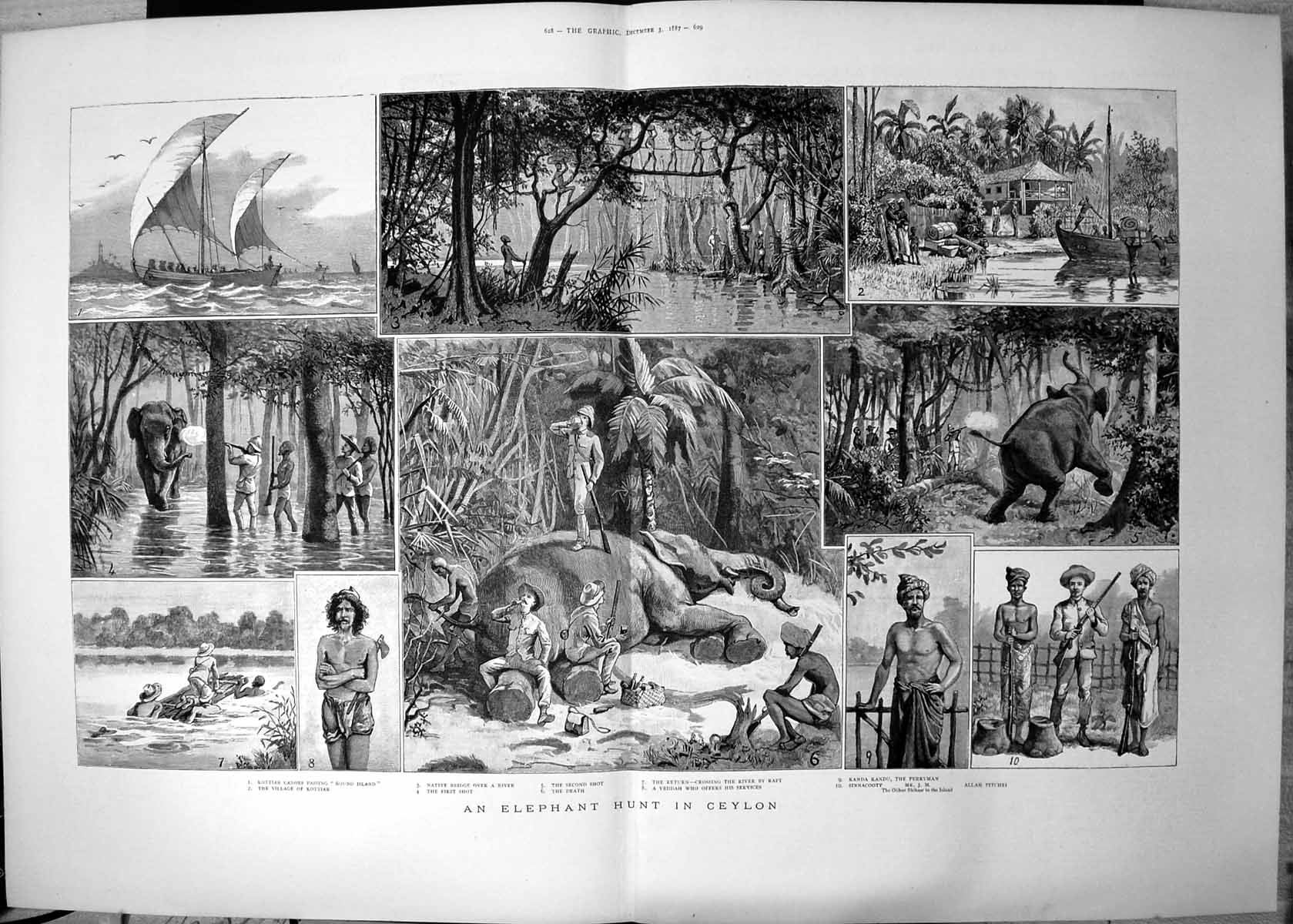 Antique Print Elephant Hunt Ceylon Kottiar Canoes Round Island Veddah 1887 19th