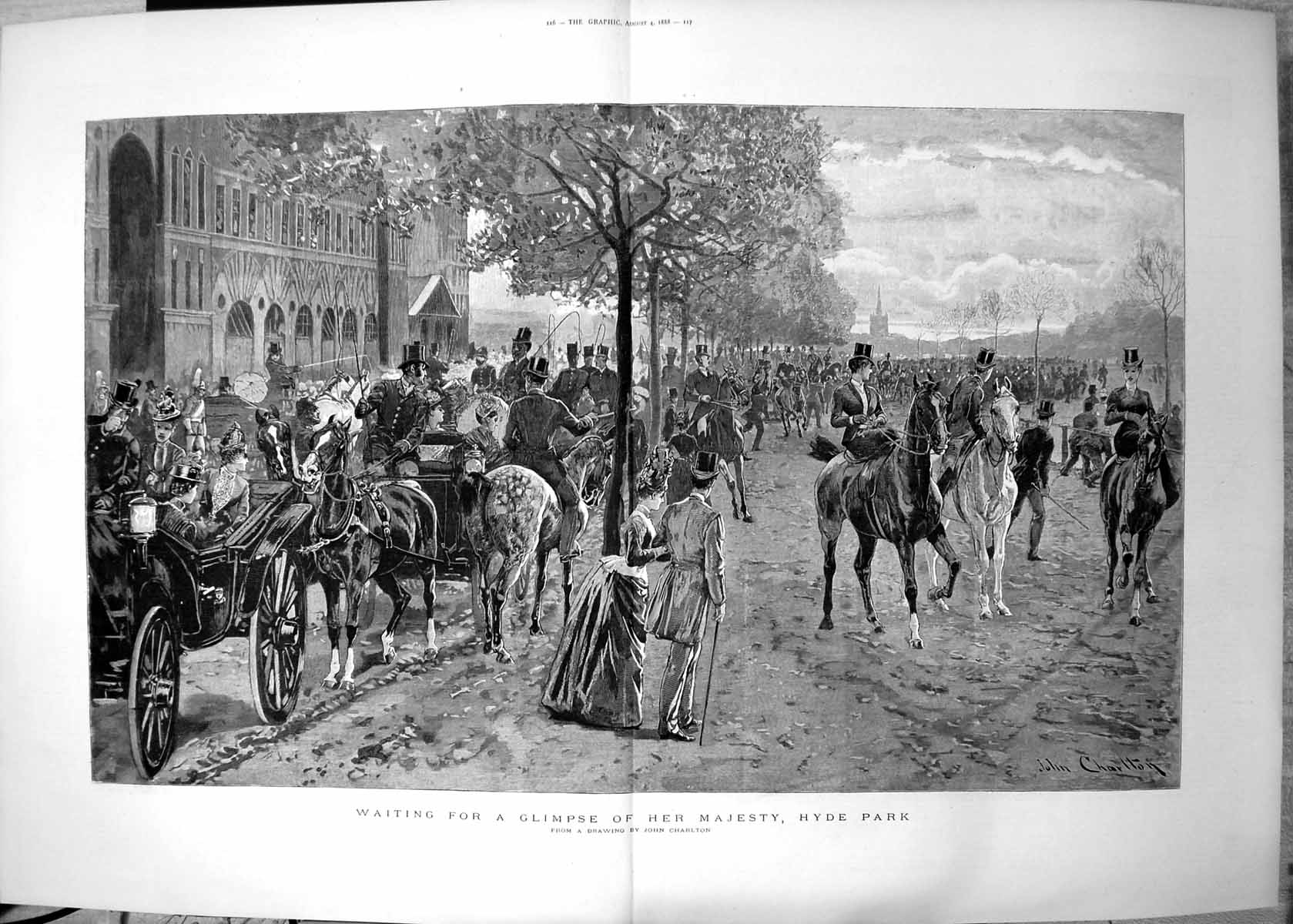 Antique Old Print Waiting Glimpse Her Majesty Hyde Park John Charlton 1888 19th