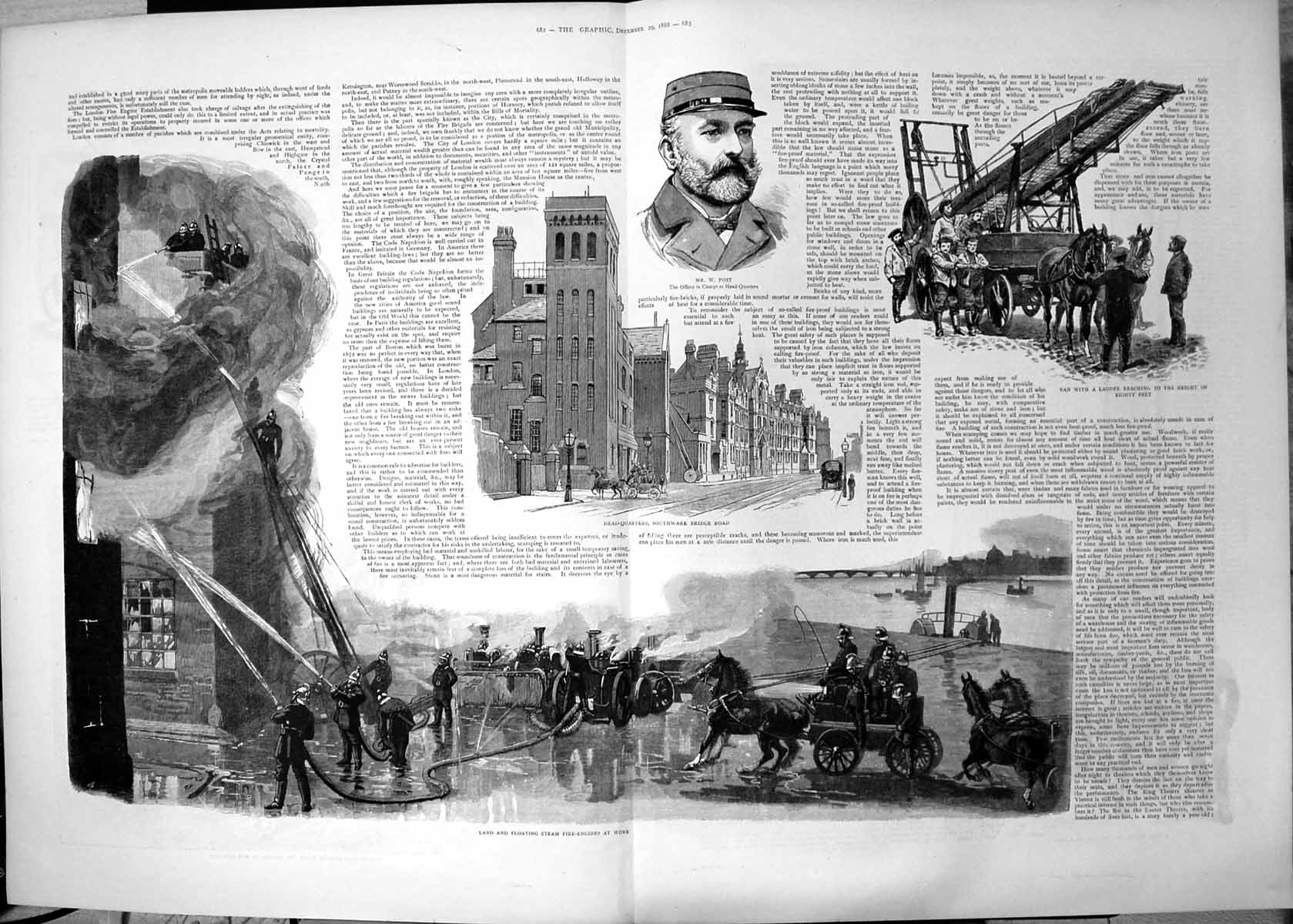 Antique Old Print Metropolitan Fire Brigade W Post Officer H Q Southwark 1888