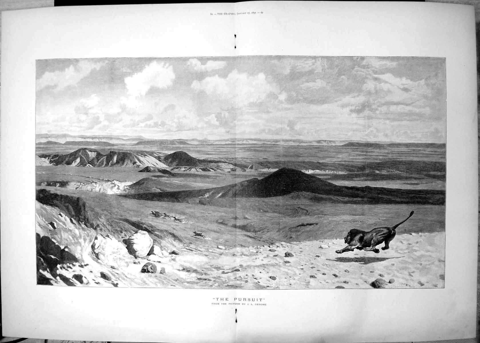Original Old Antique Print Pursuit Picture J L Gerome Lion Chasing Deer 1891