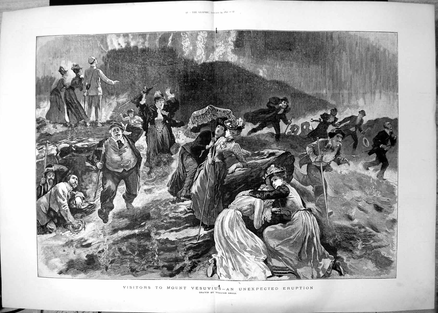 Old Print Visitors Mount Vesuvius Unexpected Eruption William Small 1891 19th