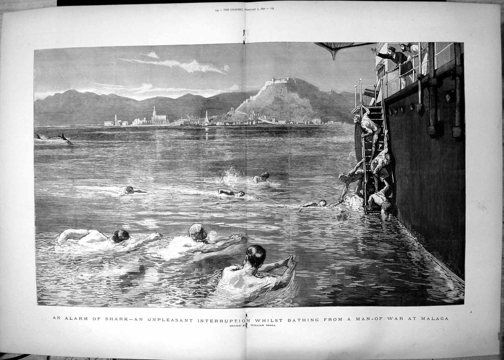 Old Print Alarm Shark Unpleasant Interruption Bathing Man War Malaga 1891 19th