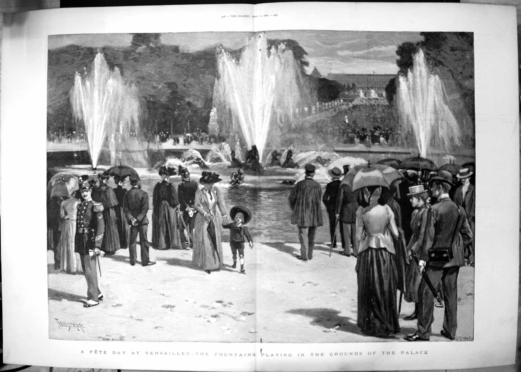 Antique Old Print Fete Day Versailles Fountains Playing Grounds Palace 1891