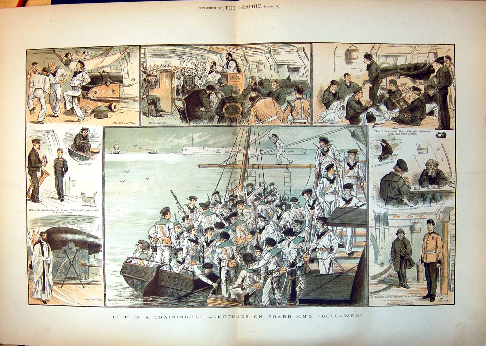 Antique Old Print Life In Training Ship Sketches On Board Hms Boscawen 1883