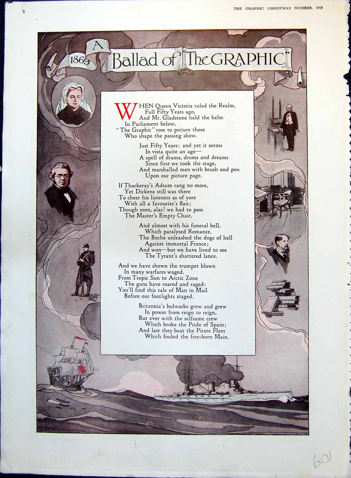 Old Print Ballad Graphic Over Fifty Years Changes Ships Kings Queens 1919 20th