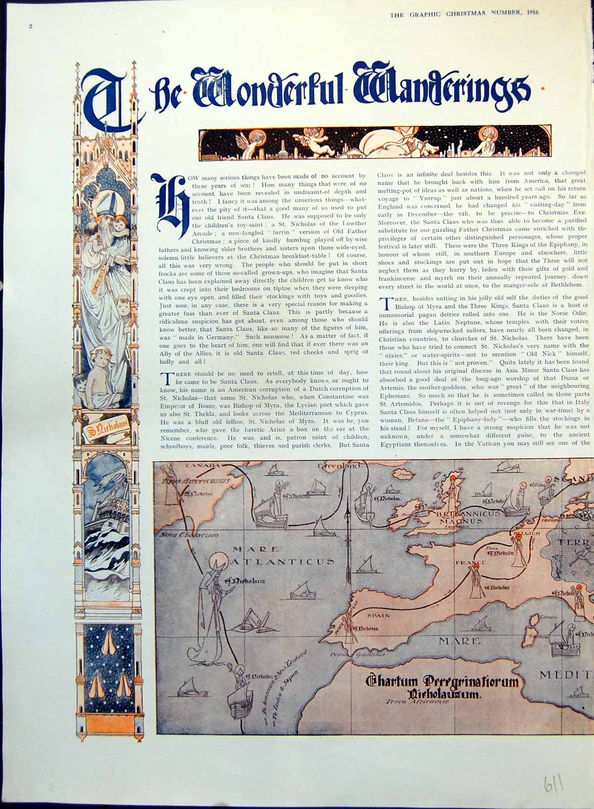 Old Antique Print Wonderful Wanderings Father Christmas Map Routes 1916 20th