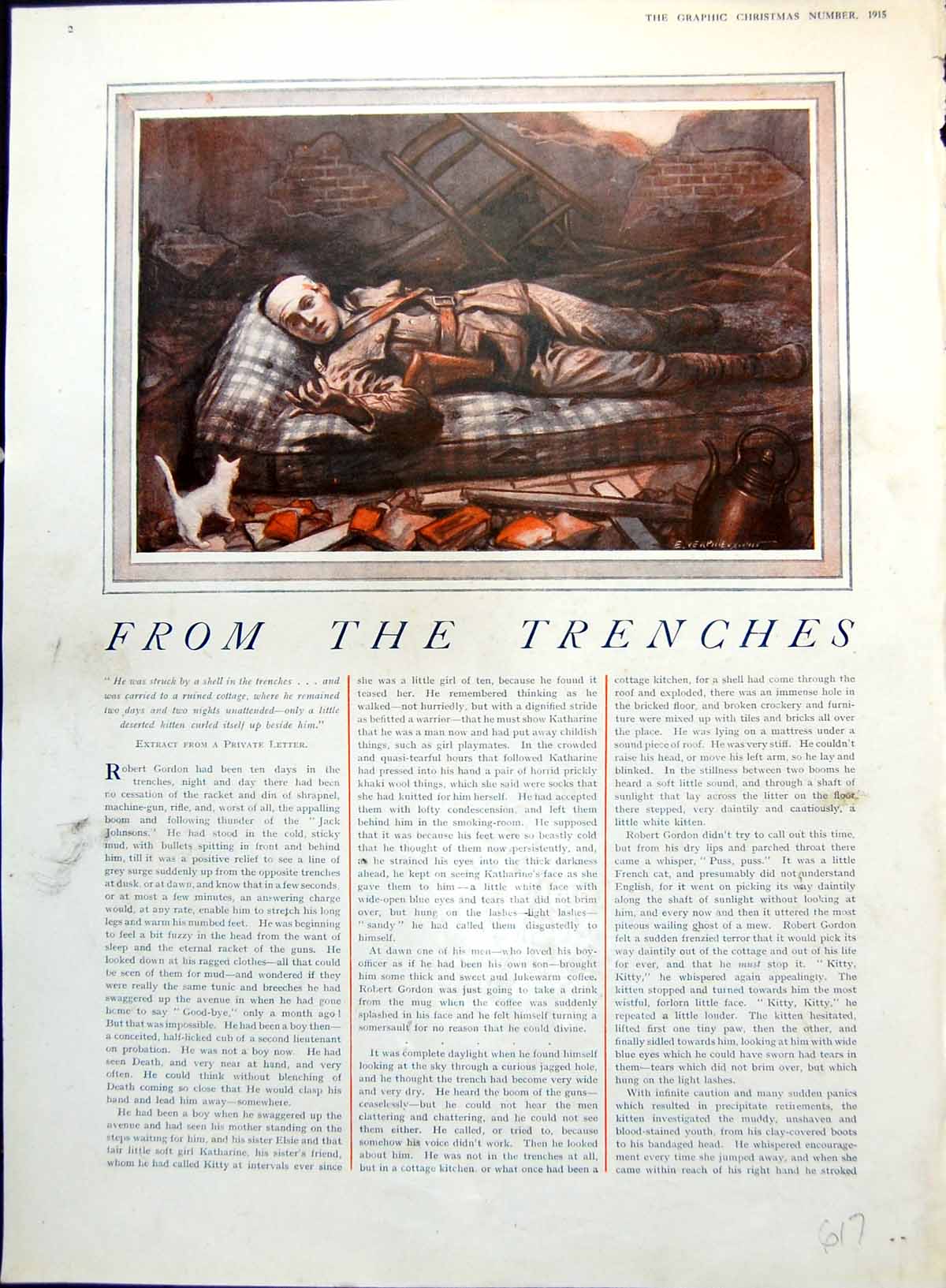 Antique Print Man Mattress Cottage Kitten From Trenches Hospital Nurse 1915