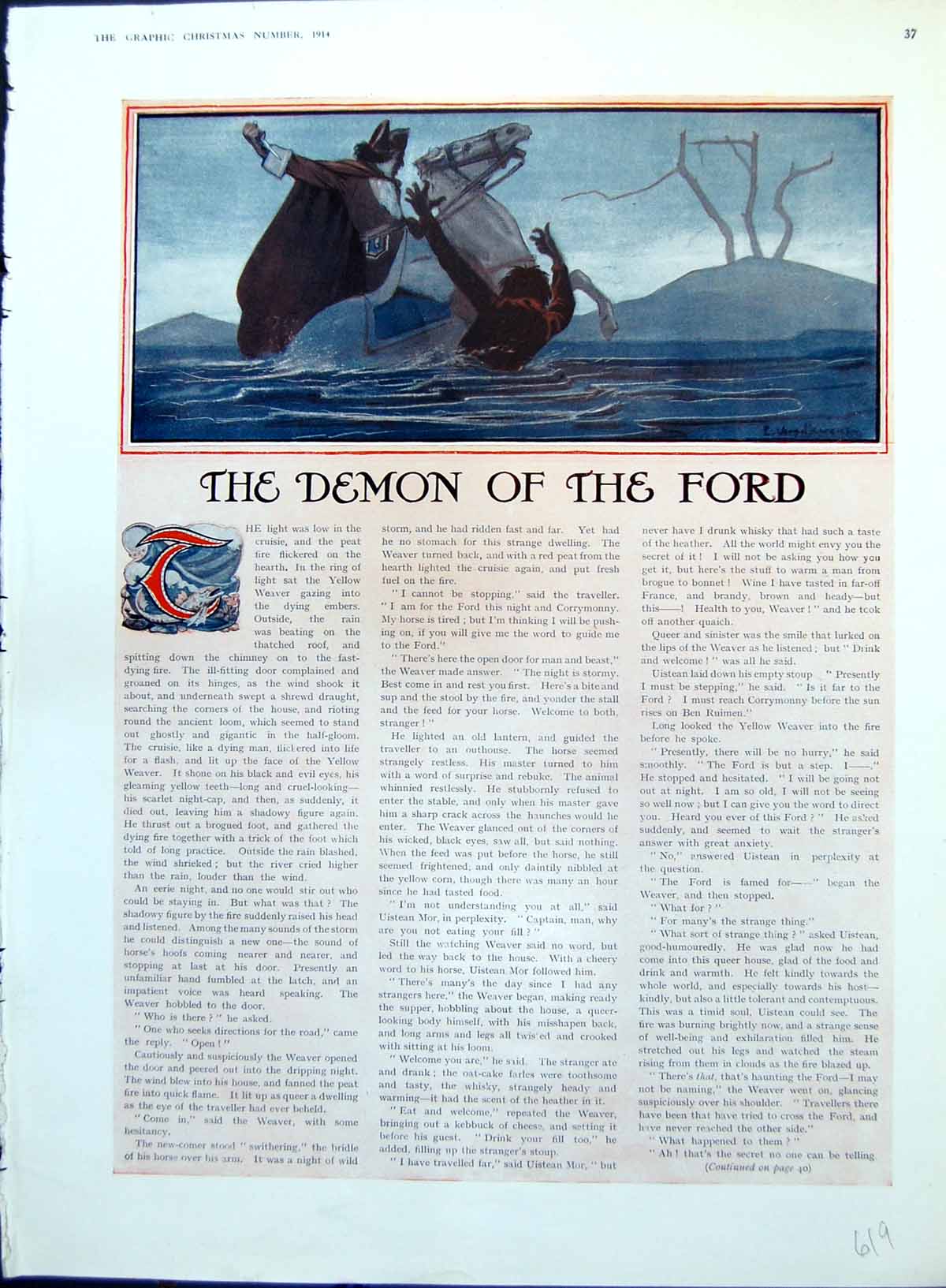 Old Antique Print Man White Horse Stabbing Demon Ford Alarmed Sier 1914 20th