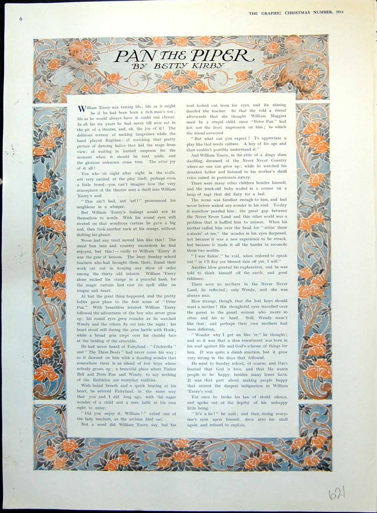 Antique Print Flower Border Leaves Spiralling Edging For Pan The Piper 1914