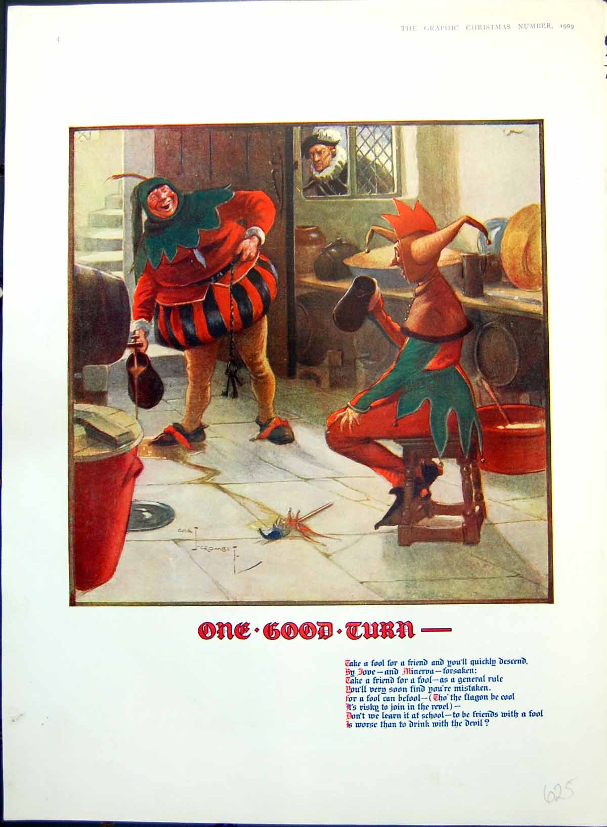 Antique Old Print Two Revellers Drinking Fancy Dress Fools Caught Stocks 1909