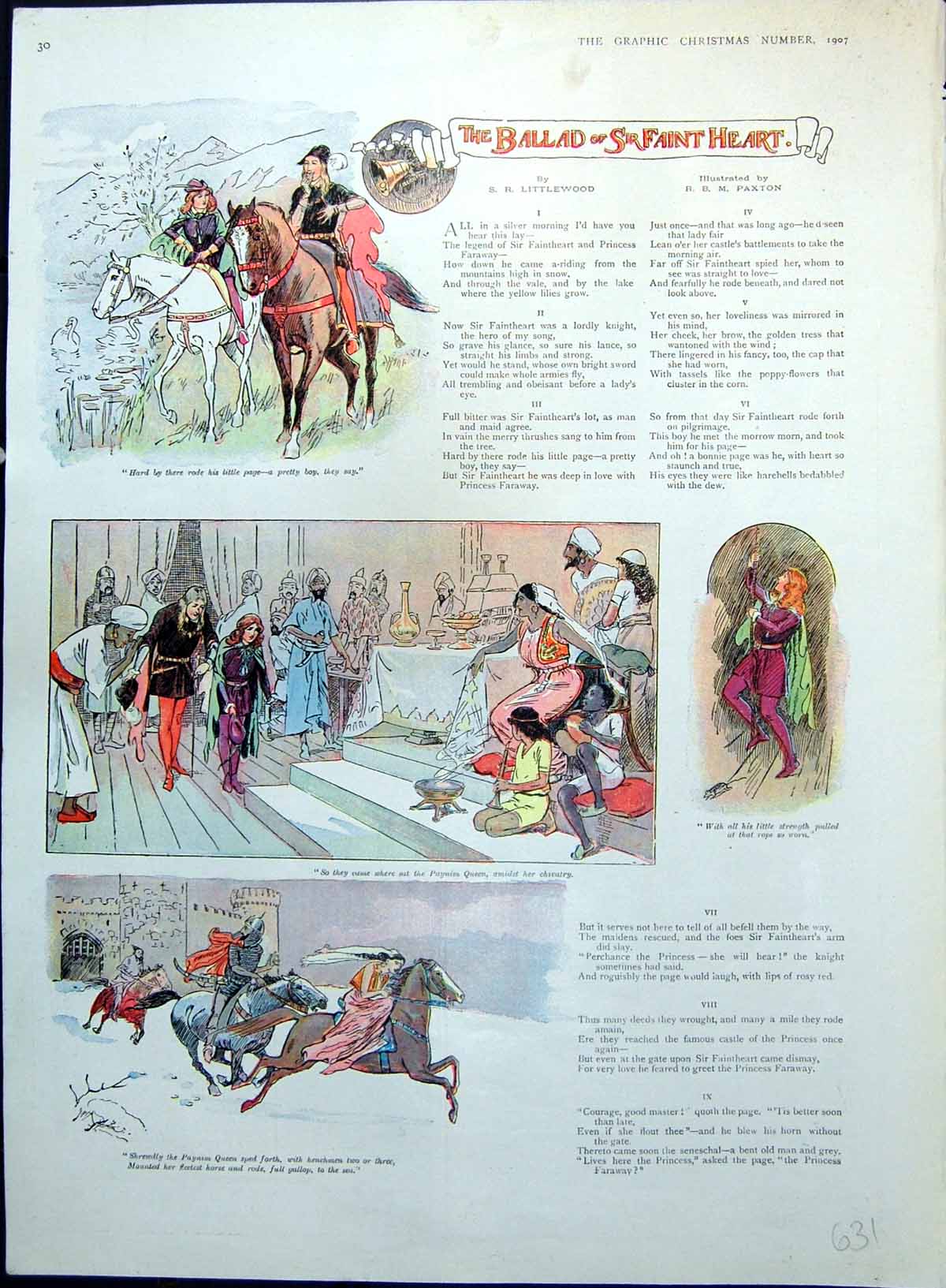 Antique Old Print Ballad Sir Faint Heart Paynim Queen Finds Own Princess 1907