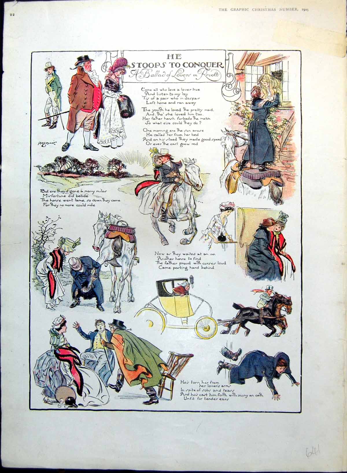 Antique Print He Stoops To Conquer A Love Ballad Horses Carriage Ford 1905 20th
