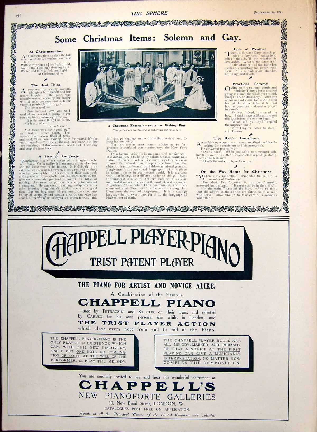 Antique Print Christmas Entertainment Fishing Port Nets Advert Pianola 1909