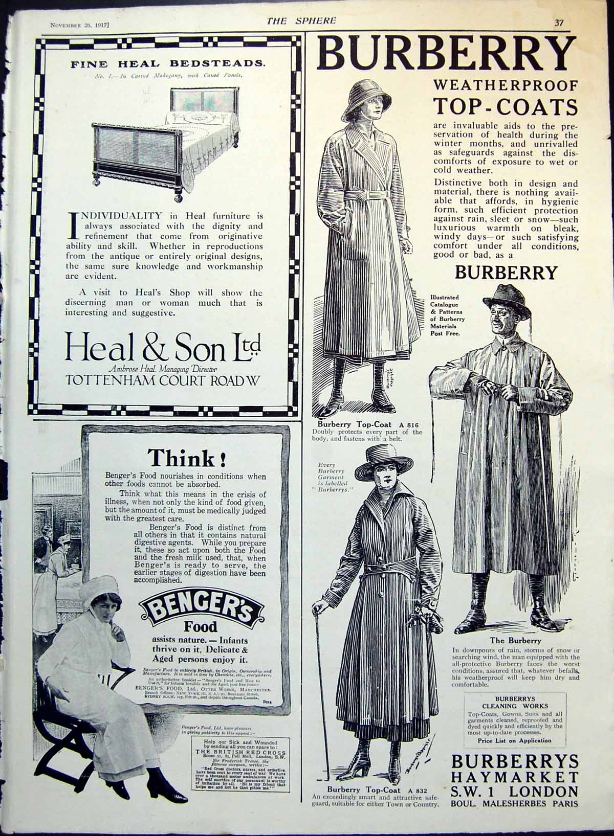 Antique Old Print Burberry Advert Coats Benger'S Food Swan Fountain Pen 1917