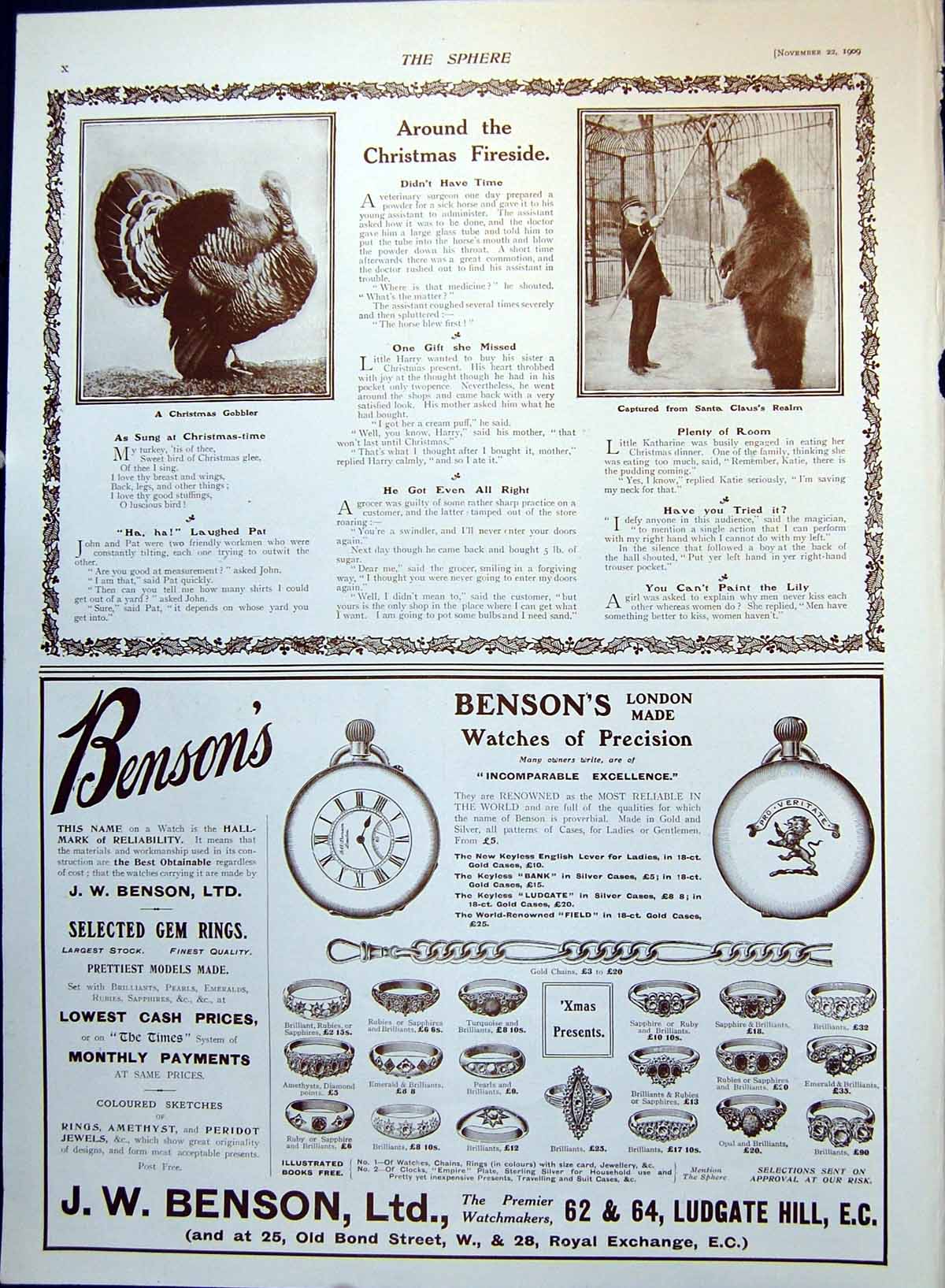 Antique Old Print Christmas Turkey Bear Standing Trainer Lemco Advert 1909 20th