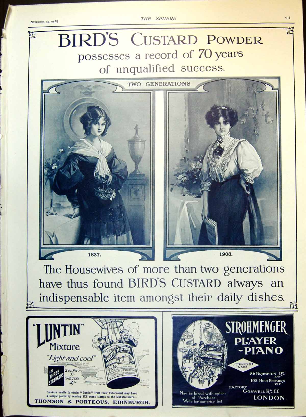 Antique Old Print Bird'S Custard Powder Fashions Advert Bleach Benger'S 1908