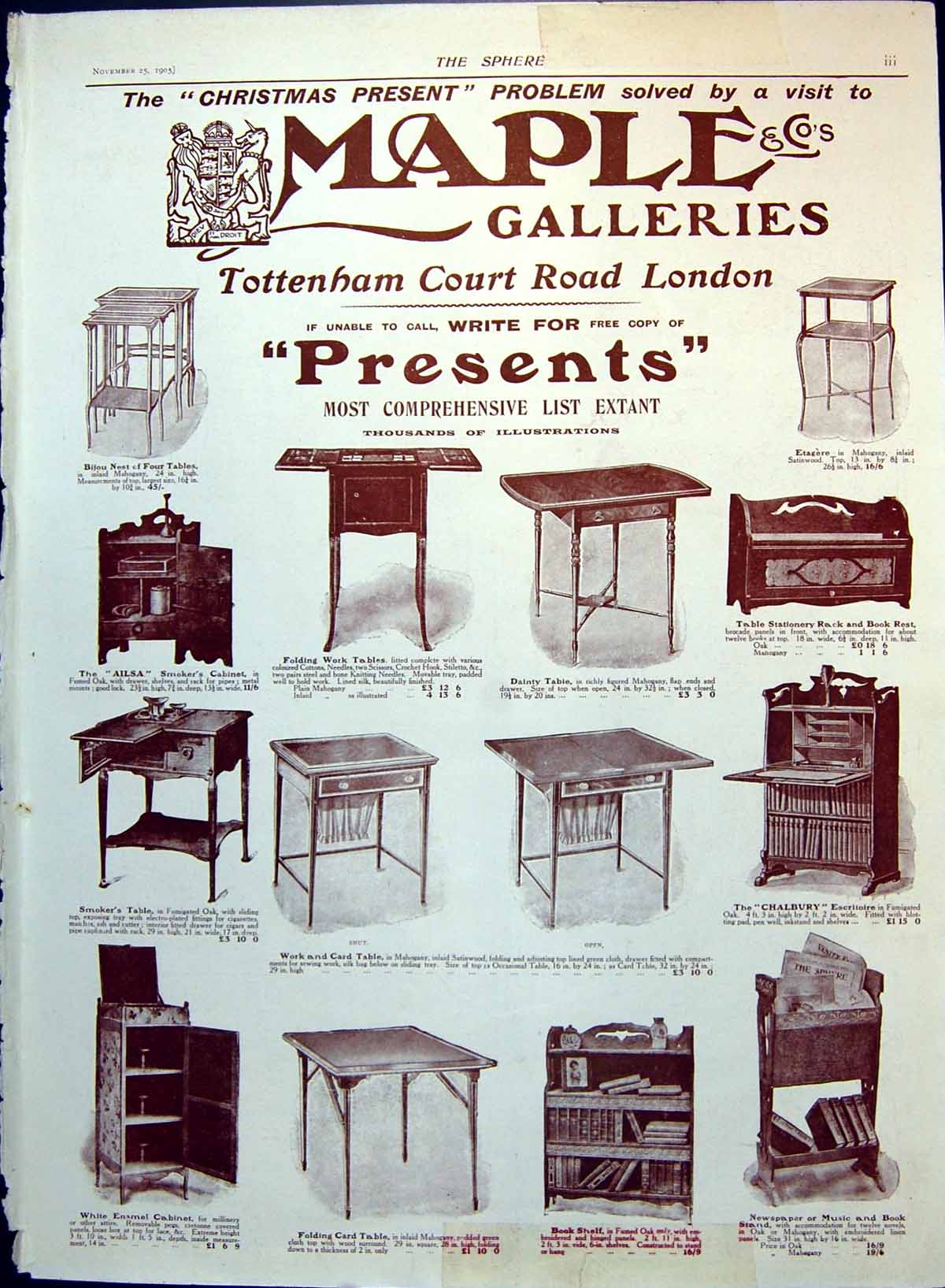 Old Print Maple & Co'S Presents Tables Writing Desks Adverts Argylls 1905 20th