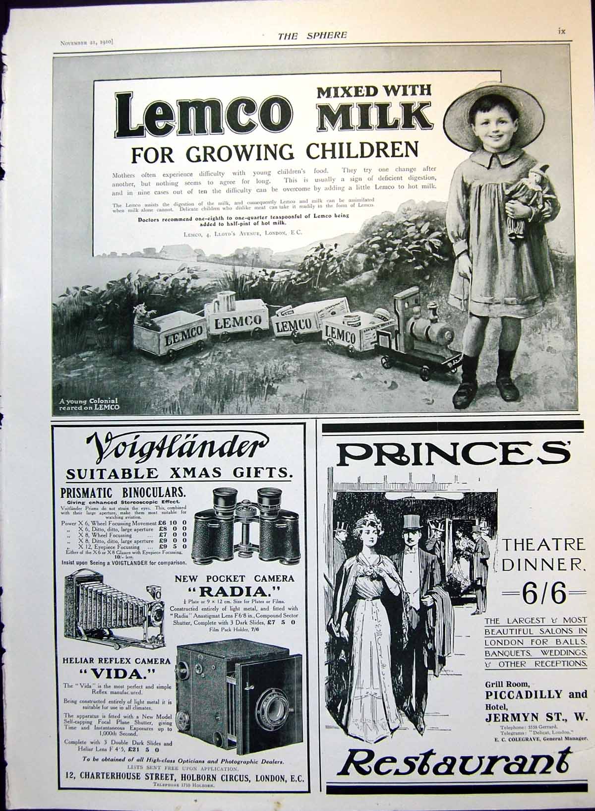 Antique Print Lemco Child Adverts Princes Theatre Dinner A Clark Gifts 1910