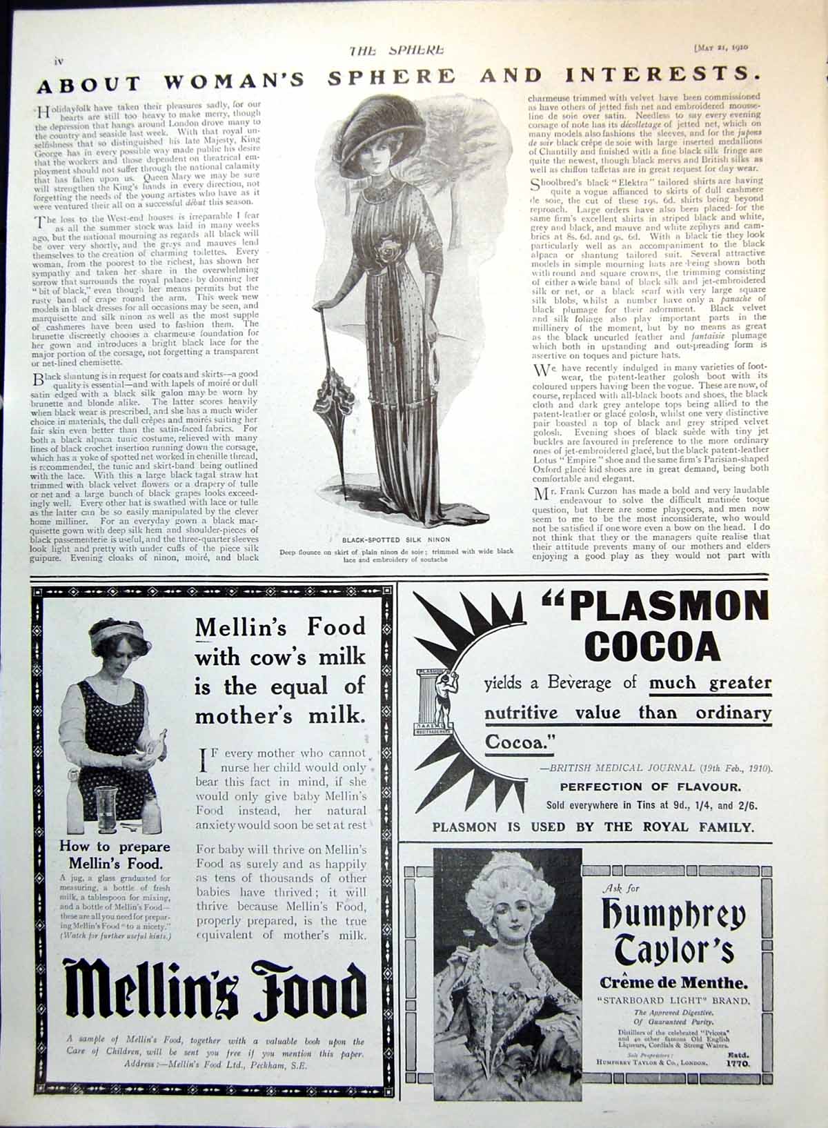 Antique Old Print Black-Spotted Silk Ninon Dress Scrubb'S Ammonia Advert 1910