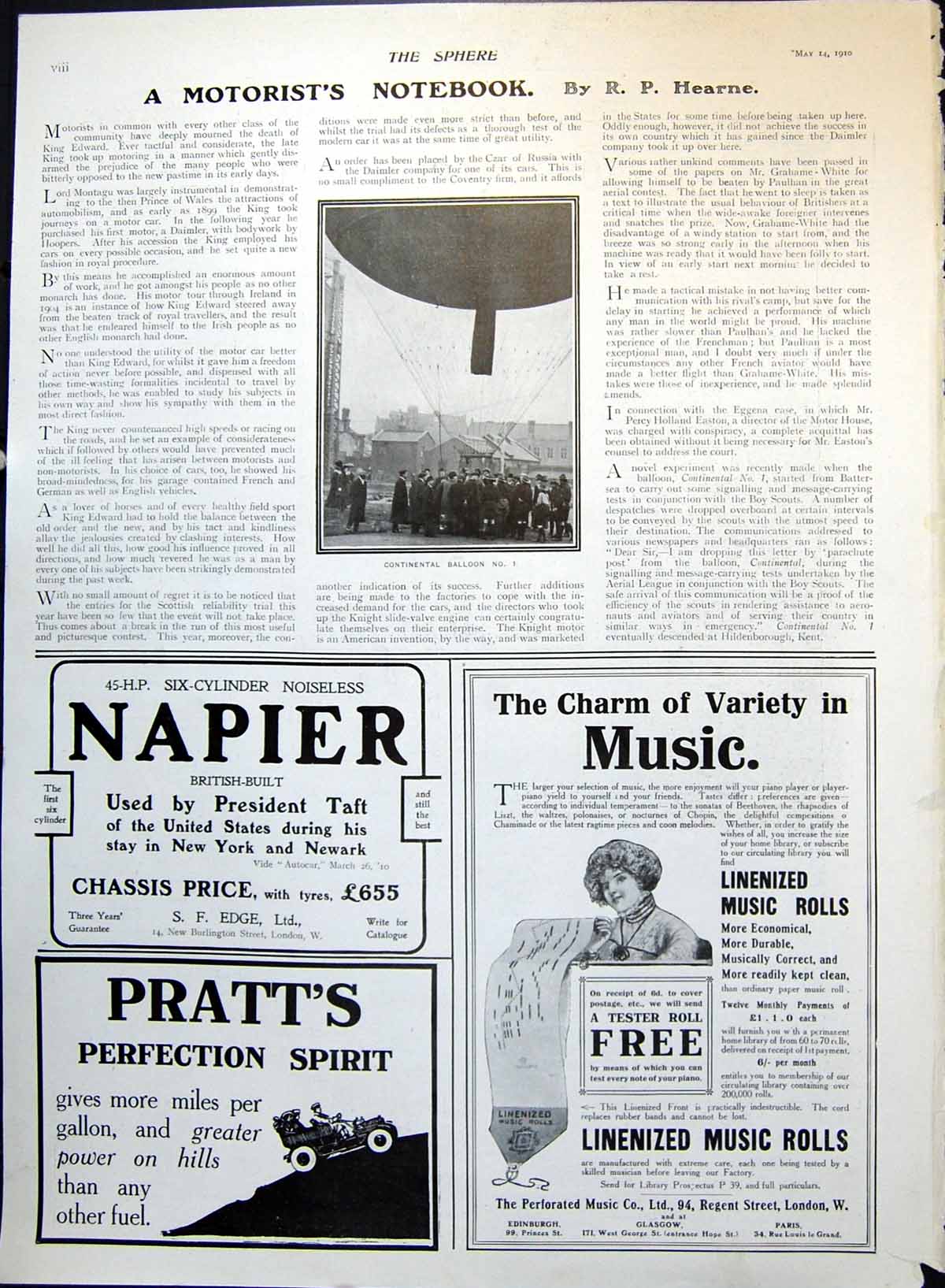 Antique Print Continental Balloon No 1. Adverts Music Rolls Fireplace 1910