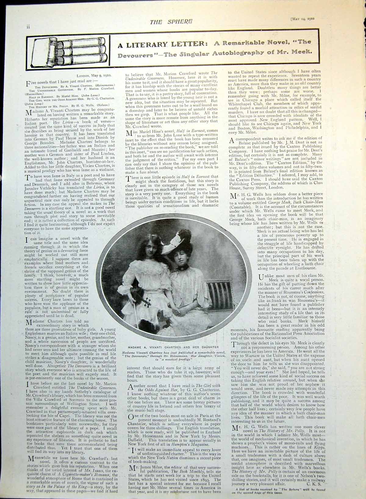 Antique Old Print Madame A Vivanti Chartres Daughter Felix Hotel Pianola 1910