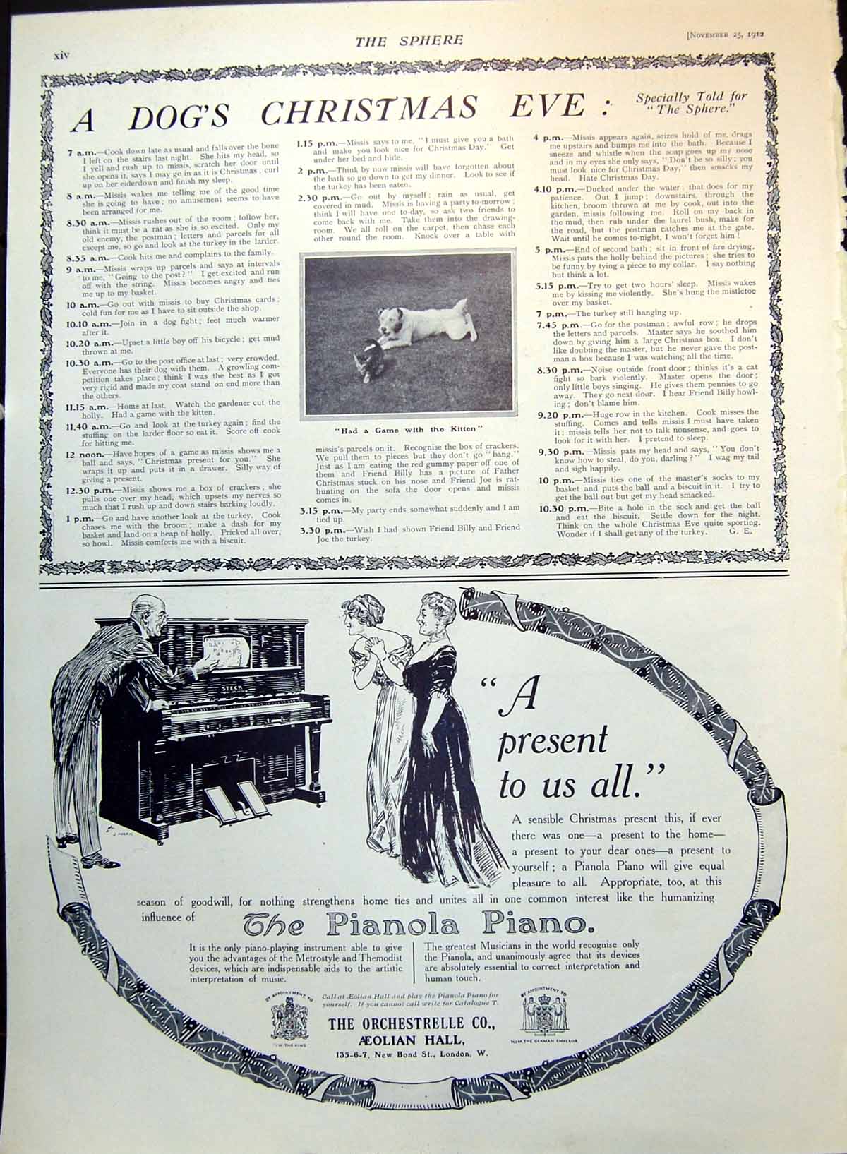 Antique Old Print Dog Kitten Grass Pianola Piano Adverts Vickery Gifts 1912