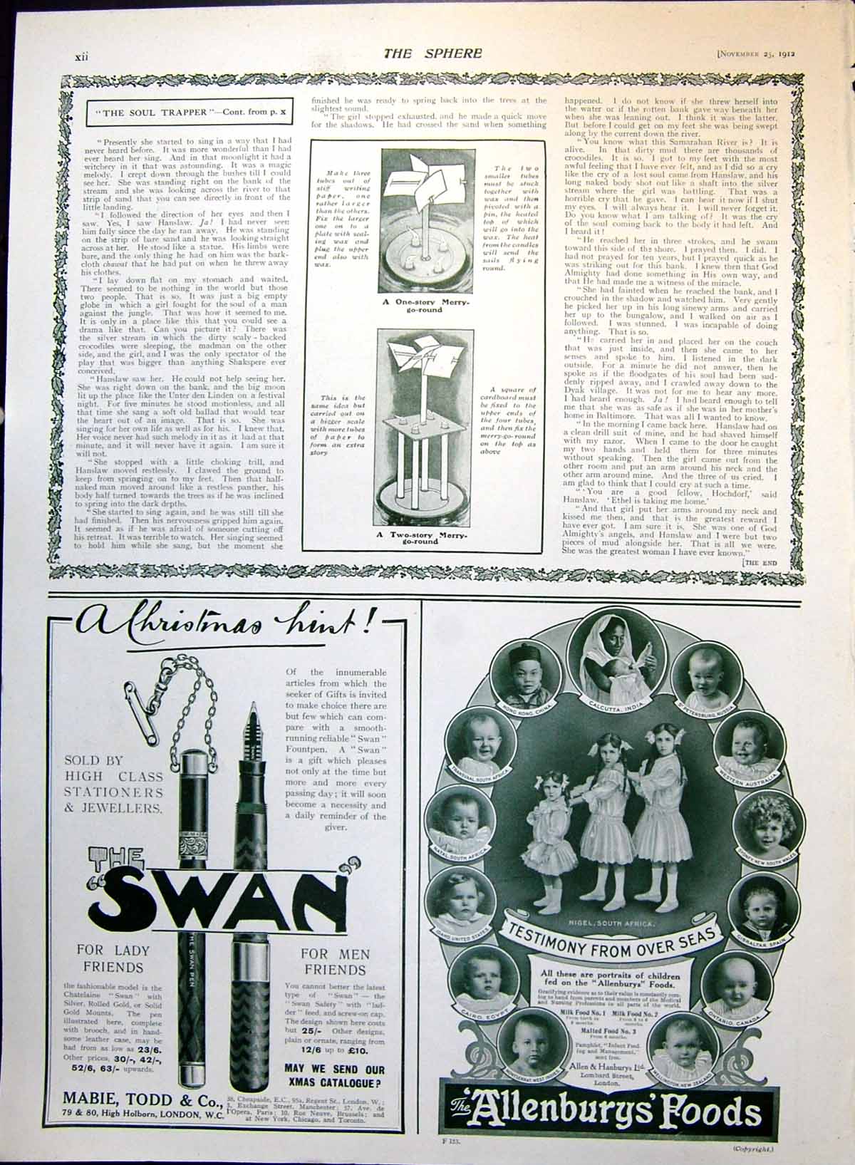 Old Print Allenburys' Foods Advert Children Swan Pen Chappell Pianos 1912 20th