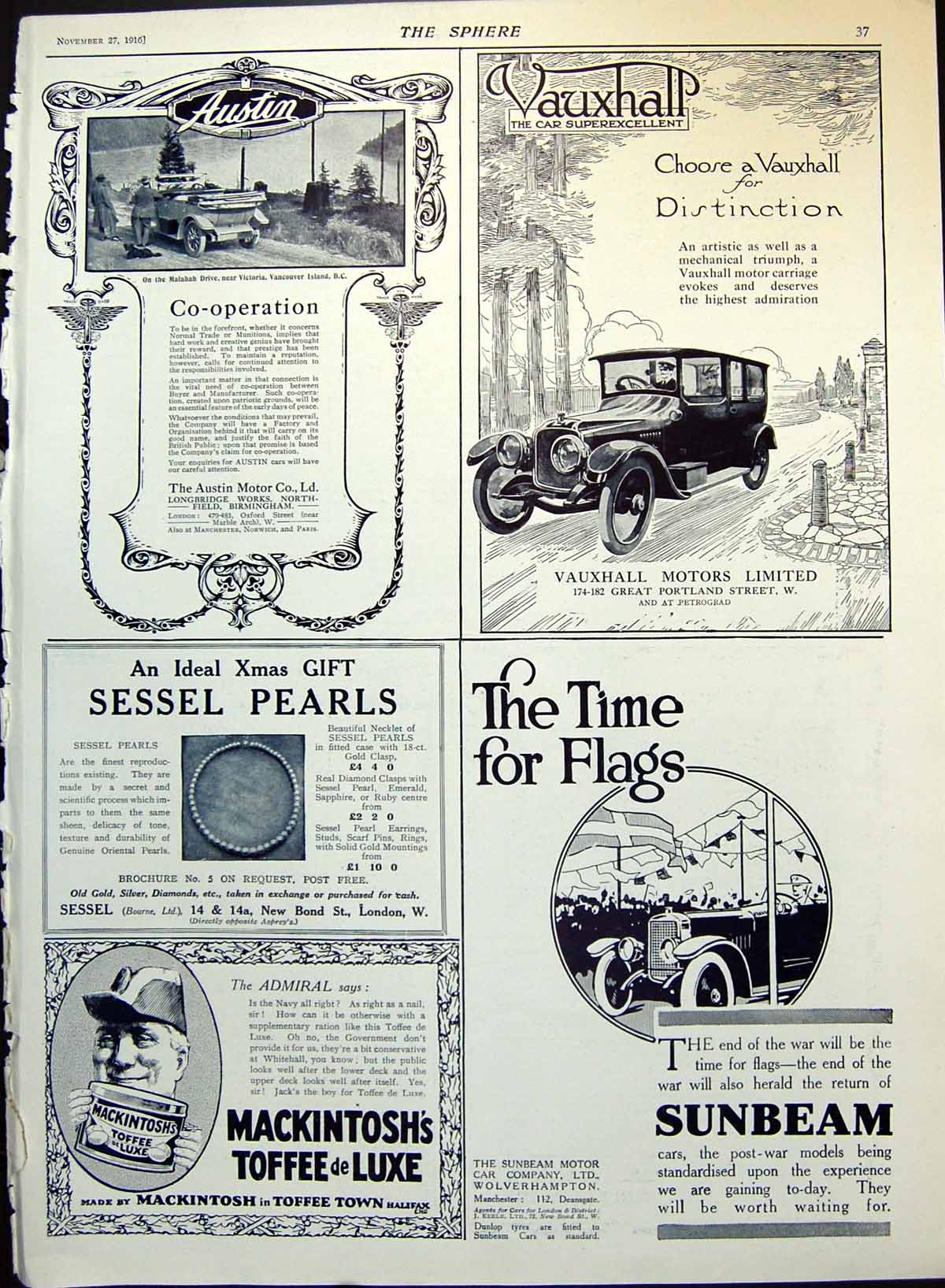 Antique Print Vauxhall Car Sunbeam Adverts Britannic Watch Waterproofs 1916