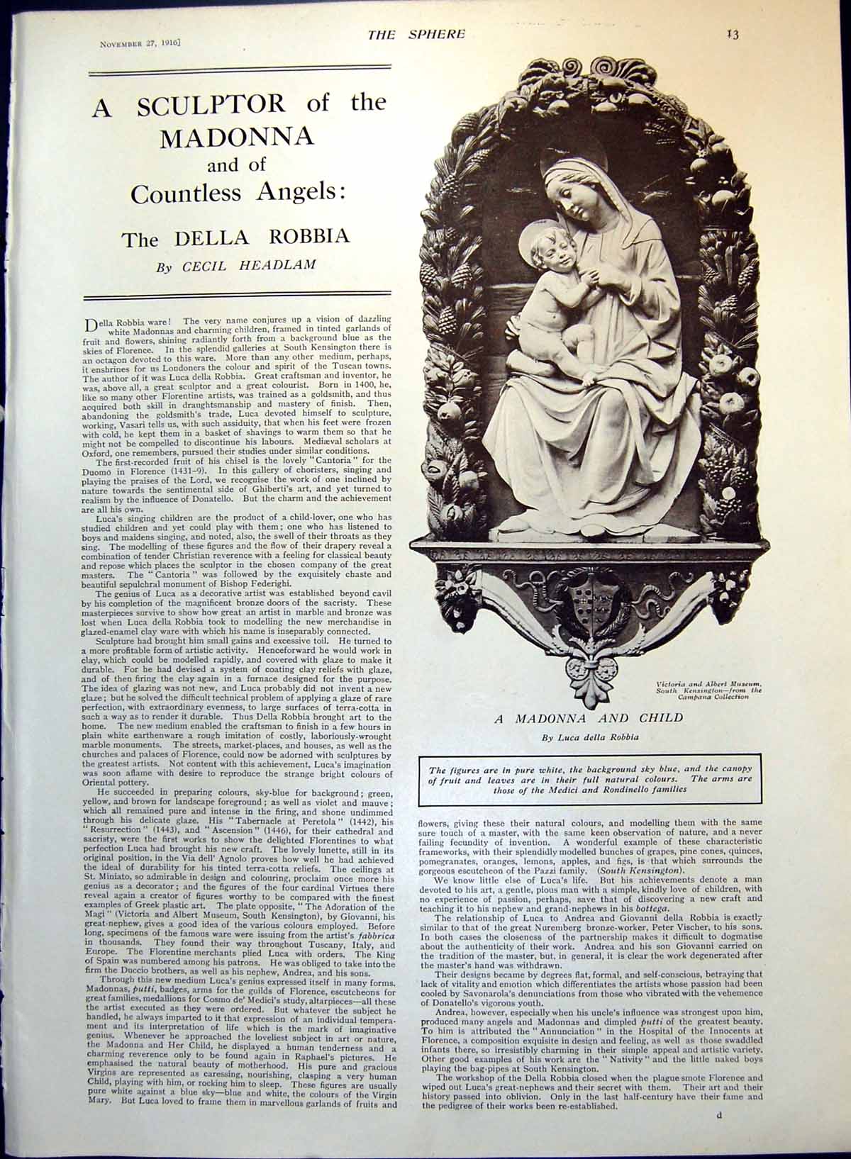 Antique Old Print Madonna And Child Luca Della Robbia Song Mine-Sweepers 1916