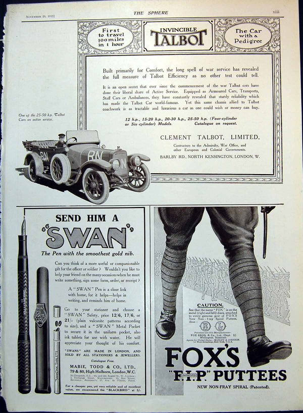Antique Old Print Talbot Car Fox'S Puttees Swan Pens Adverts Avon Tyres 1915