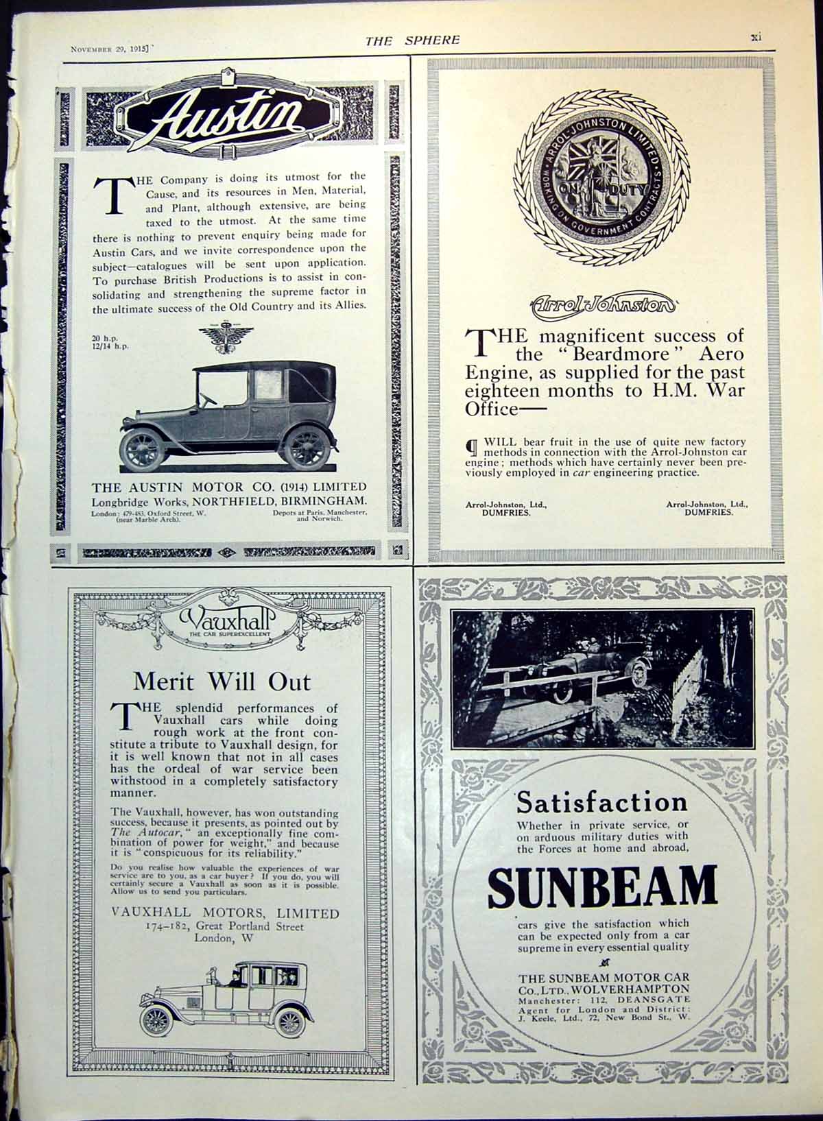 Antique Old Print Austin Motor Company Sunbeam Car Adverts Benger'S Food 1915
