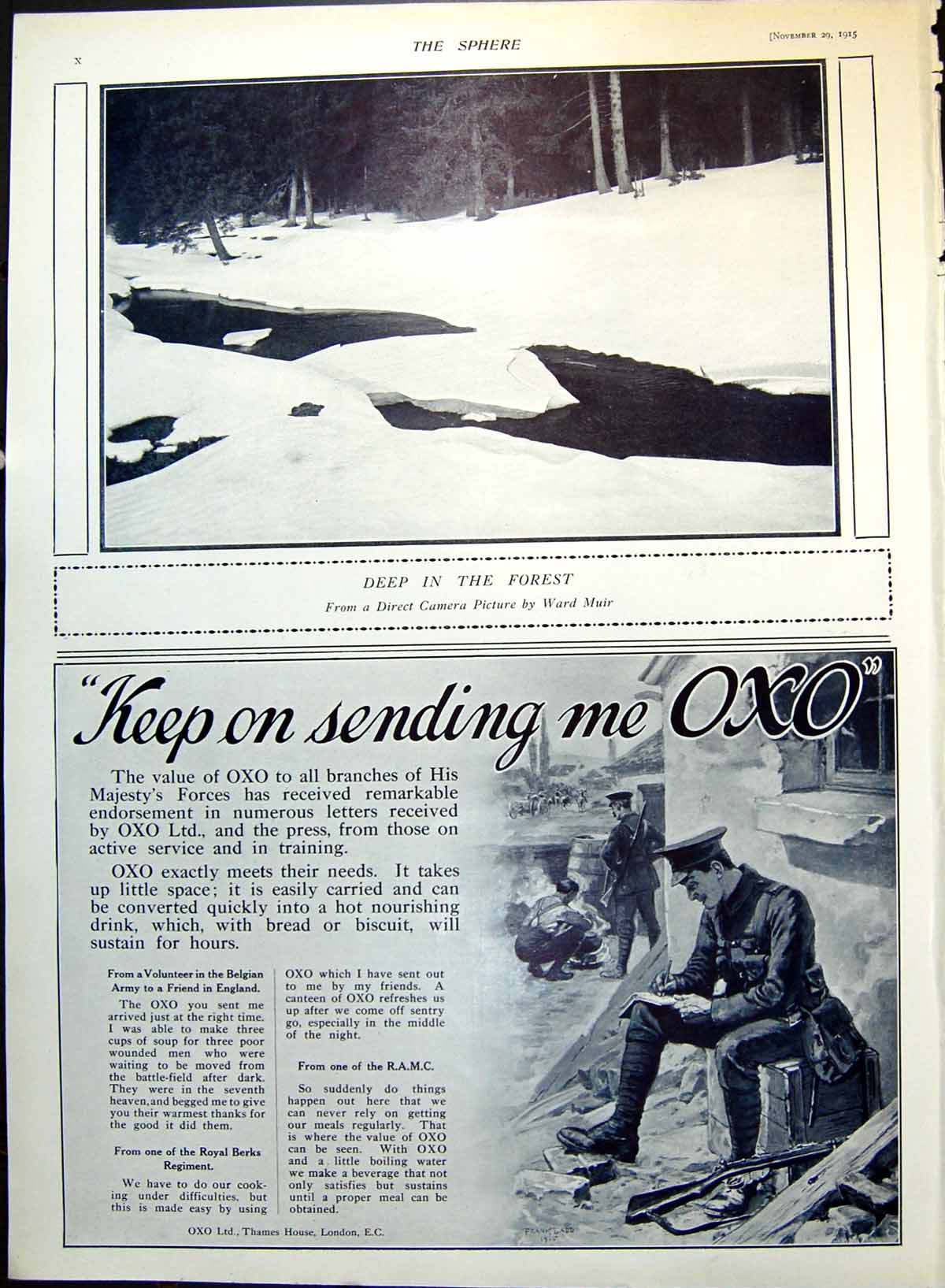 Antique Old Print Icy Stream Forest Oxo Sier Advert Burberry Horlicks 1915 20th