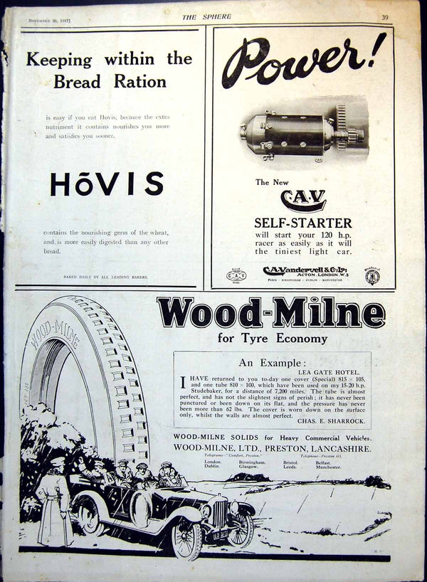 Old Wood-Milne Tyres C.A.V. Self-Starter Deer Forest Sunbeam Car 1917 20th