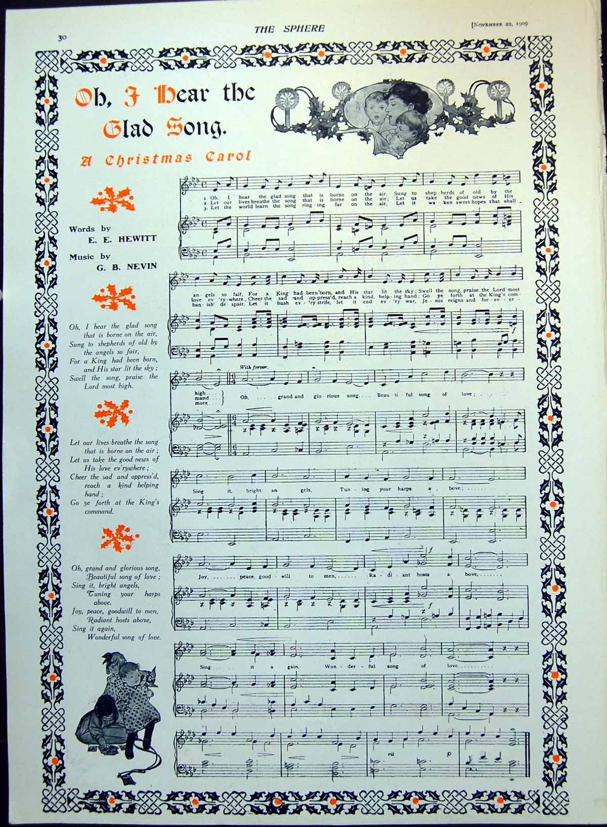Antique Old Print Christmas Carol Oh I Hear The Glad Song Love en Days 1909