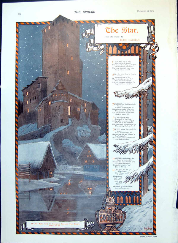 Old Print Fortified Tower Village Night Stars Flight Enchanted Horse 1909 20th